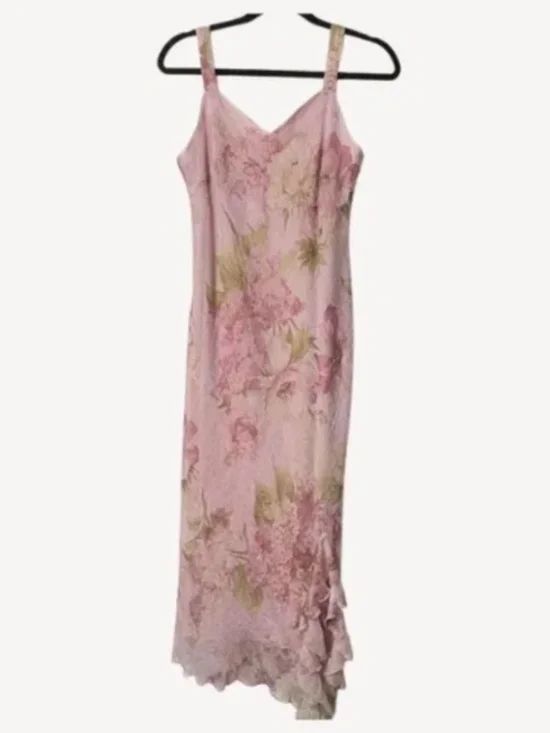 R&M Richards Vintage Petite Maxi Dress 6P Pink Floral Crinkle Chiffon Ruffle Hem - Picture 2 of 7